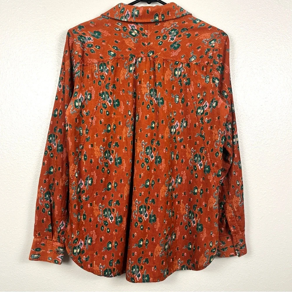 Anthropologie size 6 Corduroy Red-Orange Print Long Sleeve Buttondown Shirt Top